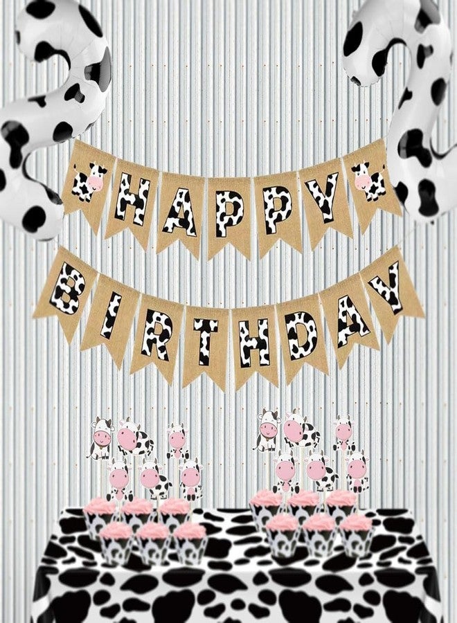 CROWNOS Cow Print Happy Birthday Banner, Burlap Pre-strung Cow Birthday Party Decorations Supplies - Image 2